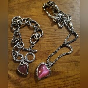 Silver Necklace & Bracelet Set, Pink Cats Eye
